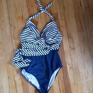 Navy Blue Striped Swimsuit